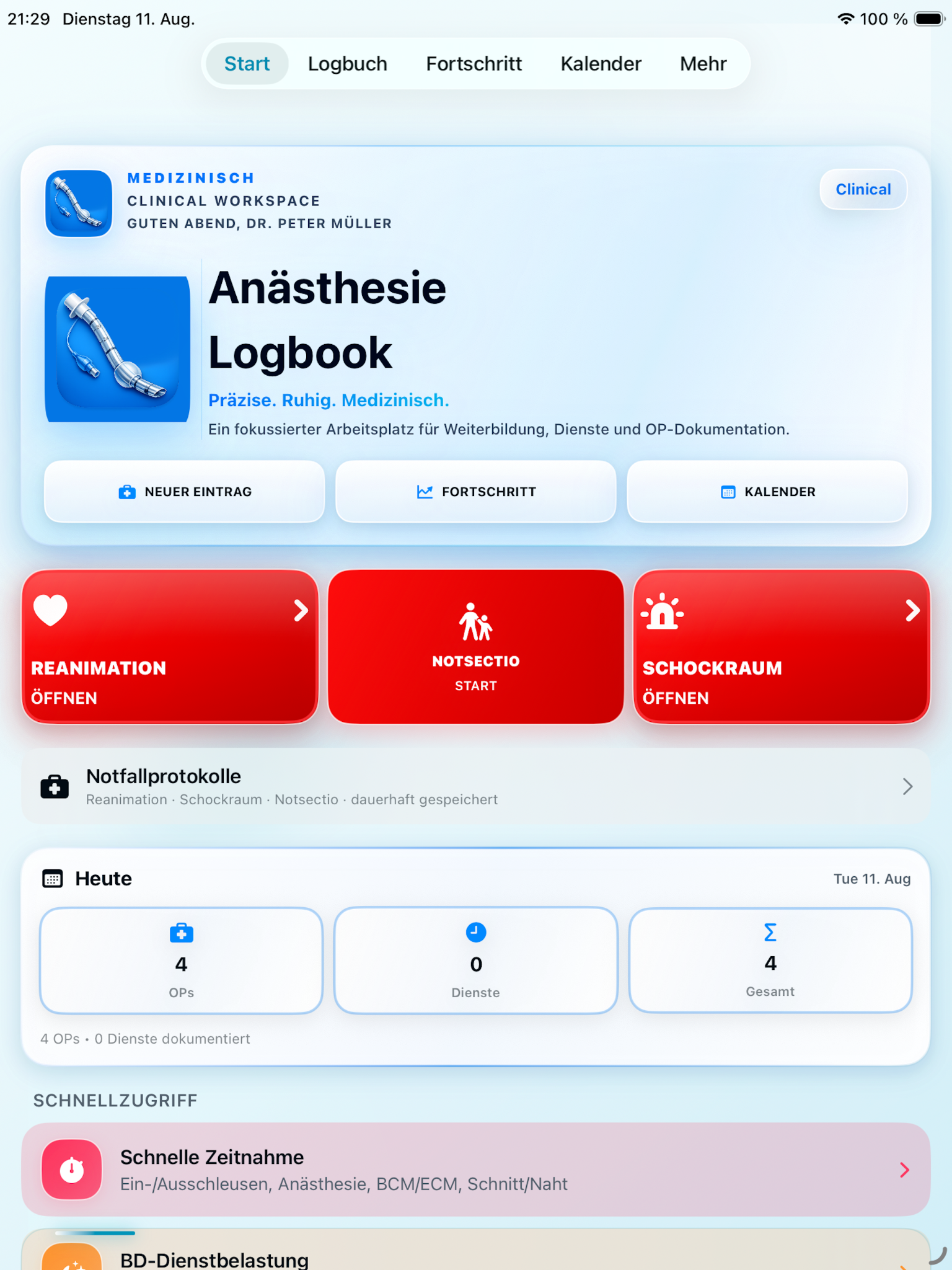 Startansicht des Anästhesie Logbooks
