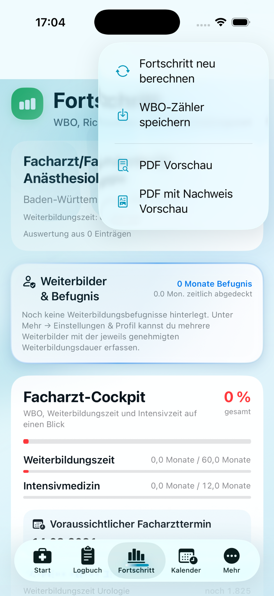 Menü zum Export von WBO und PDF-Nachweisen