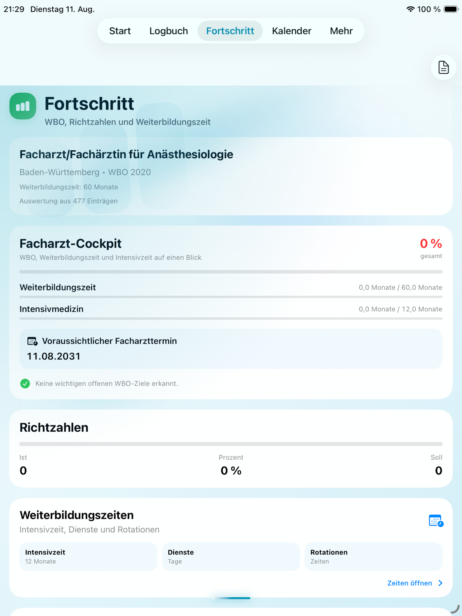 Fortschrittsübersicht mit WBO und Weiterbildungszeit