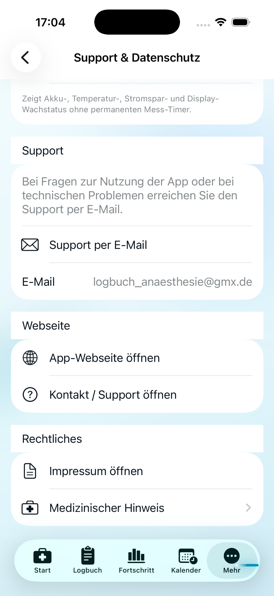 Support und Datenschutz innerhalb der App